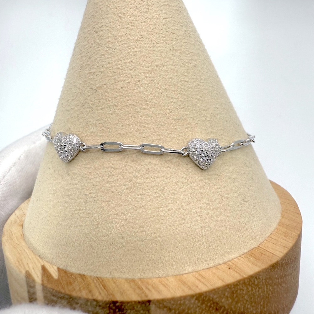 7” .925 Sterling Silver Cz Heart Bracelet - Picture 5 of 13